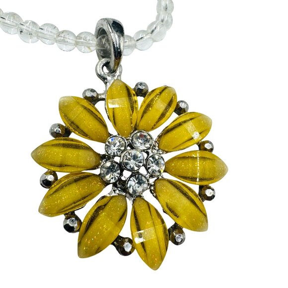 1990's Yellow Sunflower Pendant Necklace w/Clear Beads Shimmer Flaked Petals - Picture 2 of 13